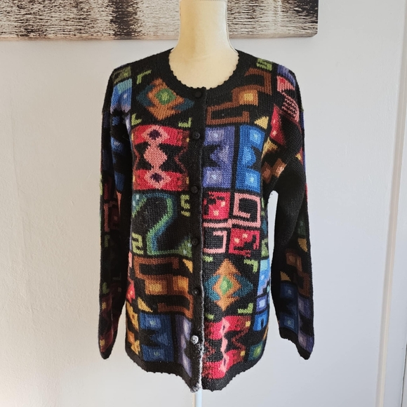 Baby Alpaca Cusco Peru multicolor  print alpaca handmade cardigan - Picture 1 of 5